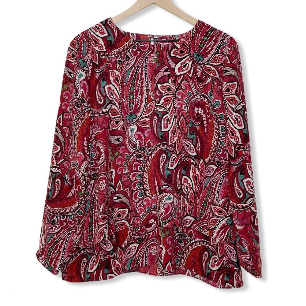 J Jill Red Paisley Long Sleeve Blouse Women's Size Large Petite